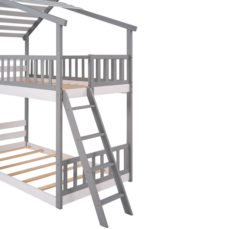 Twin Over Twin Bunk Bed Wood Bed with Roof, Window, Ladder ( Gray)