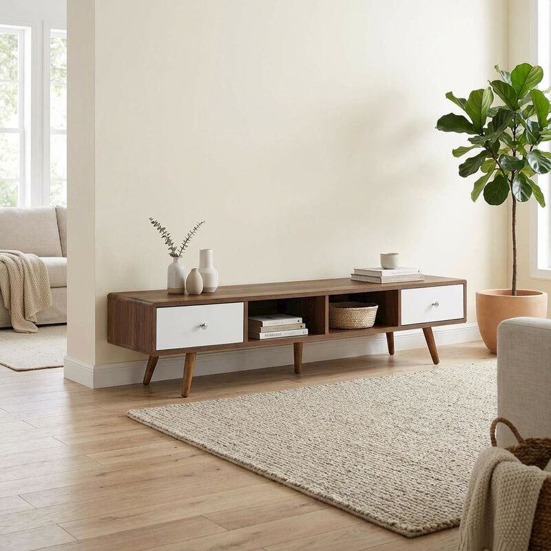 Wood TV Stand with Brown Finish and Spacious Surface image number 4