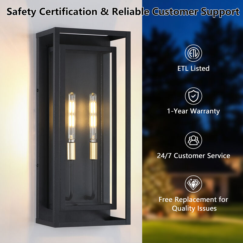 20&rdquo; 2-lights Traditional Farmhouse Outdoor Wall Lantern with Clear Glass and Gold Accents image number 3