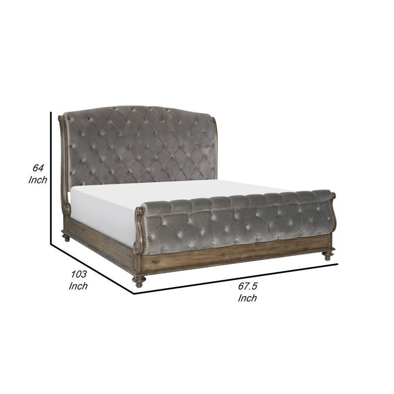 Danya Queen Bed, Sleigh Style, Tufted Rolled Headboard, Nailed Gray Velvet