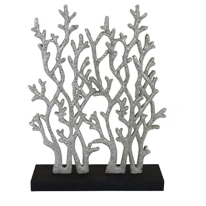 Spark 20 Inch Coral Table Top Decor, Coastal Design, Resin, Silver, Black - Benzara