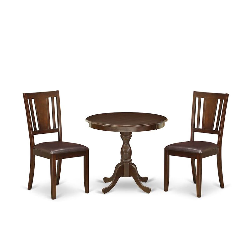 East West Furniture AMDU3-MAH-LC 3 Piece Modern Dining Table Set Contains 1 Round Pedestal Table and 2 Mahogany Faux Leather Kitchen Chair with Panel Back - Mahogany Finish