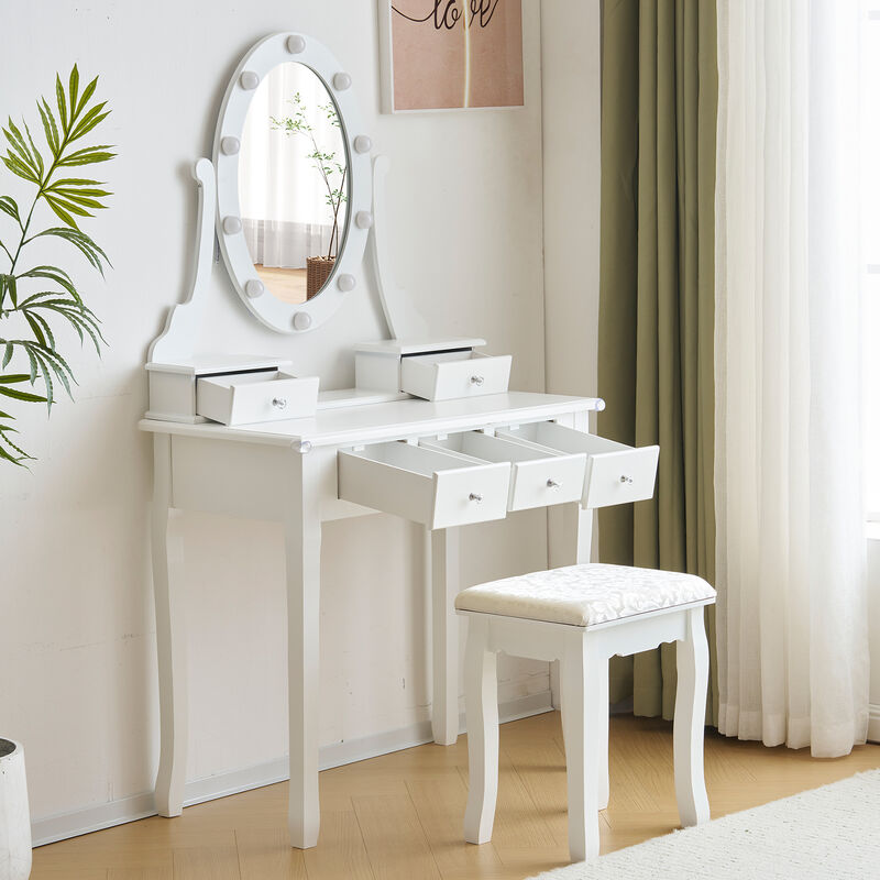 Dressing Table with LED Mirror, Power Outlet, Drawers & Cushioned Stool