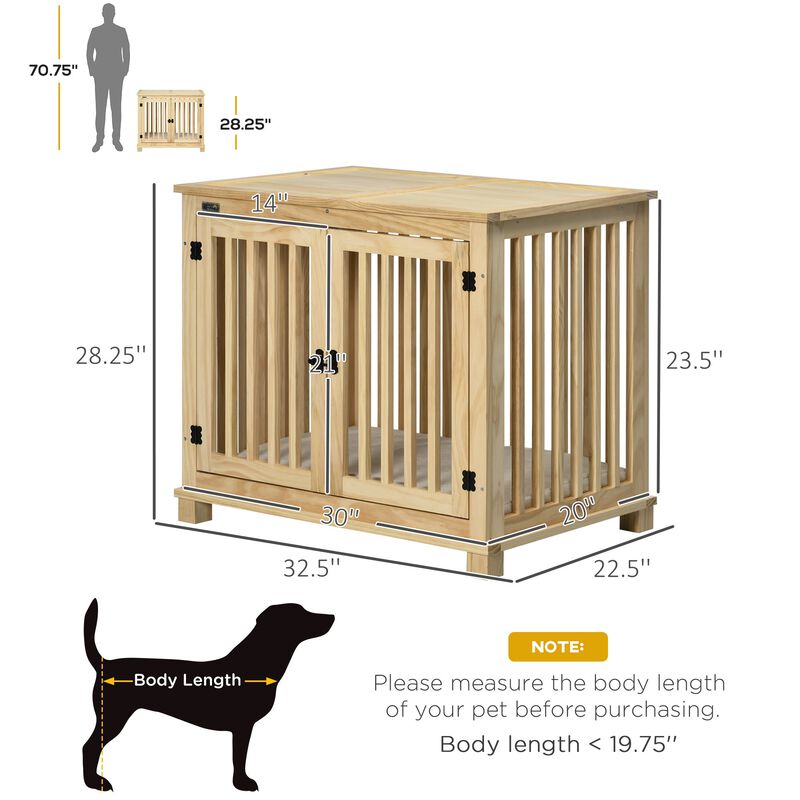 Wooden Dog Crate Furniture with Soft Cushion, Dog Crate End Table with Double Doors, Indoor Pet Crate for Small Medium Dogs