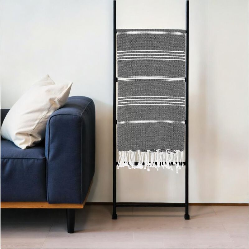 HomeRoots 39" X 71" White and Black Cotton Turkish Towel Throw Blanket with Tassels image number 1