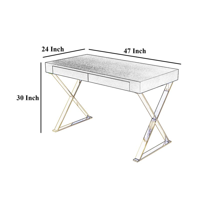 Ada Office Desk, 2 Drawers, Walnut Brown, Gold X Steel Legs, 47 Inch - Benzara