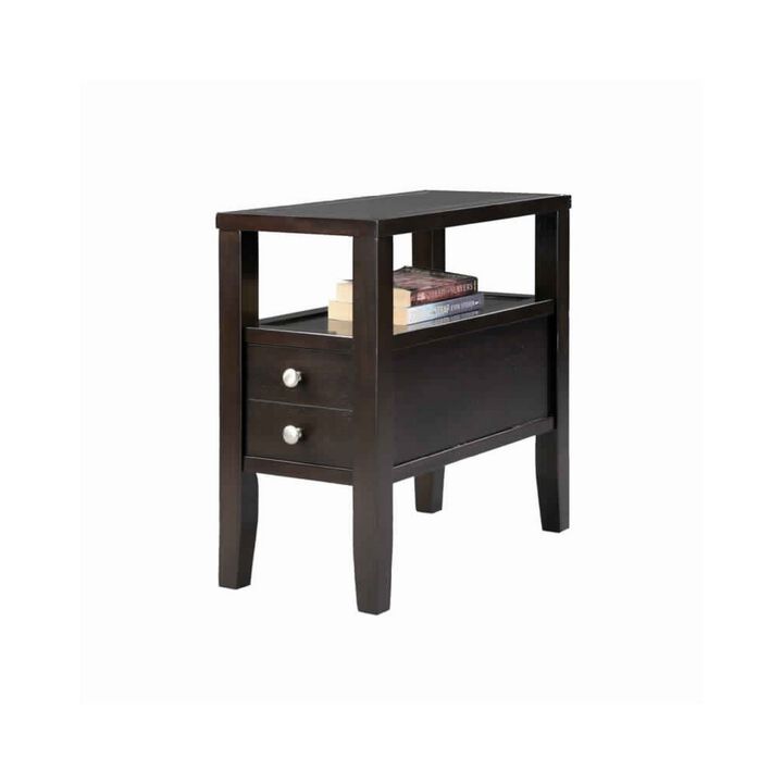 Wooden End Table with Upper Shelf and 2 Drawers, Dark Brown-Benzara