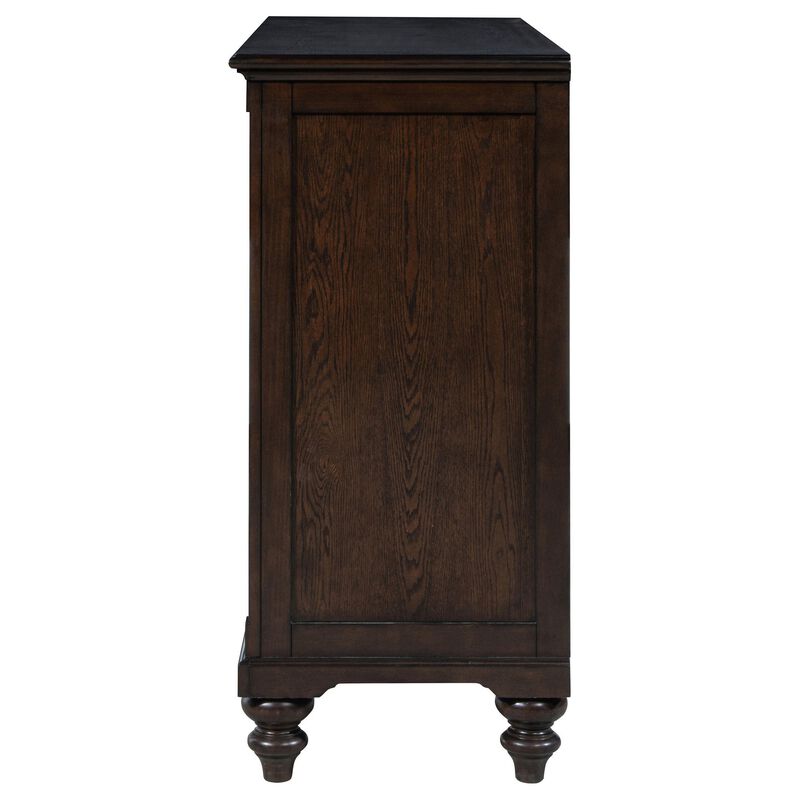 Meon Wide Dresser w 8 Drawers, Carved Bun Feet, Dark Oak Brown Wood - Benzara