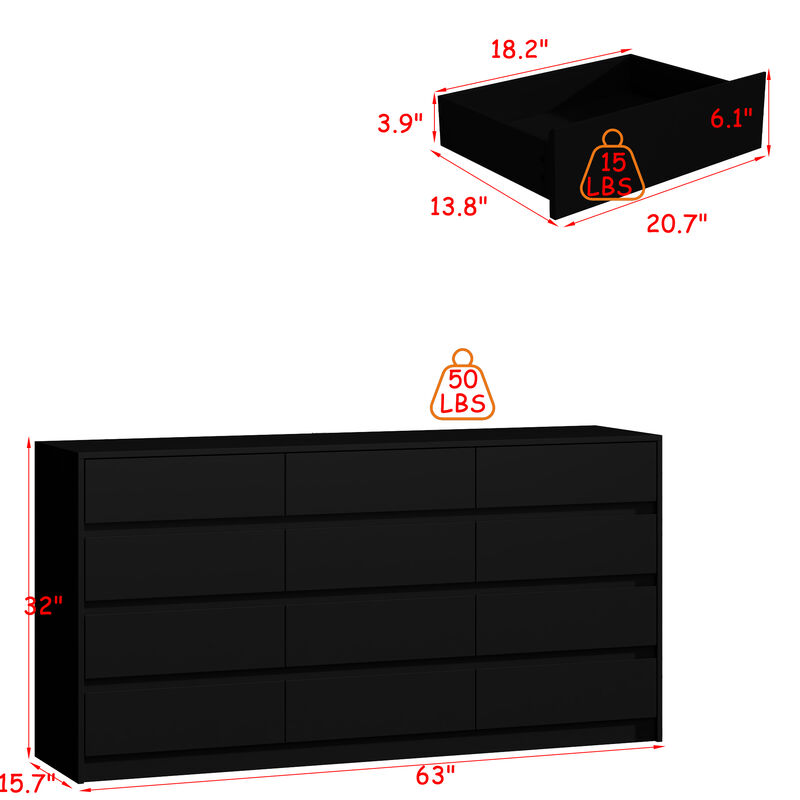 12 Drawer Dresser for Bedroom, 63&ldquo;L Wooden Double Dresser, Modern Chest of Drawers Storage Organizer Dresser for Entryway Hallway