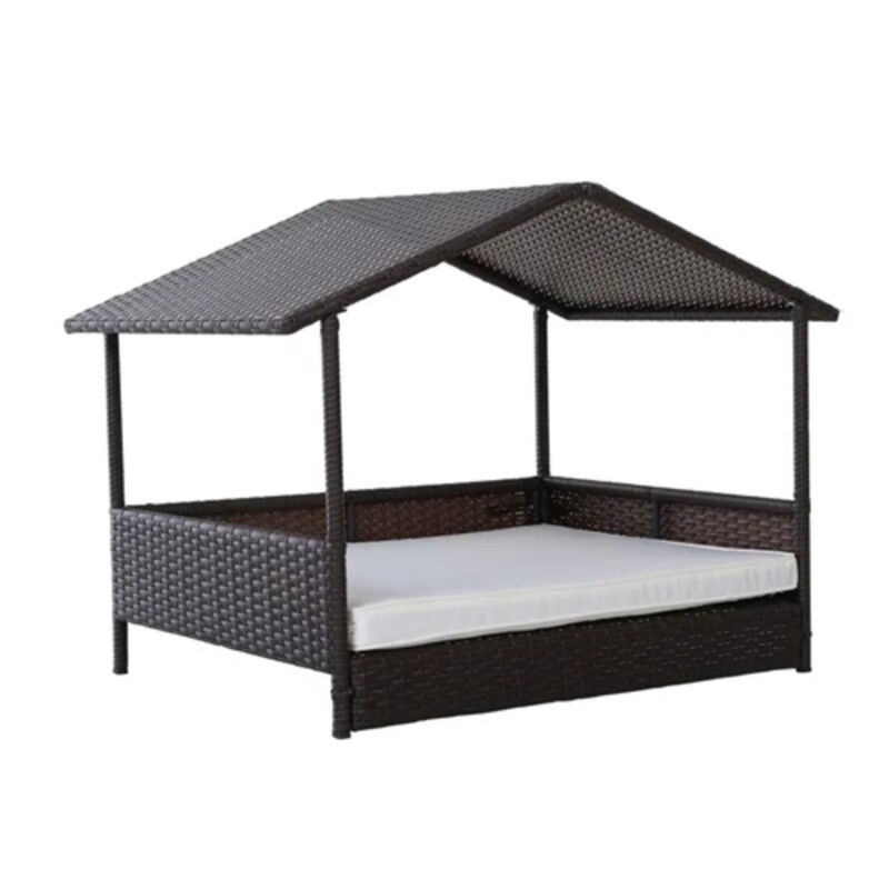 Wicker Weather Resistant Raised Dog Bed House with 2 in Thick Cushion