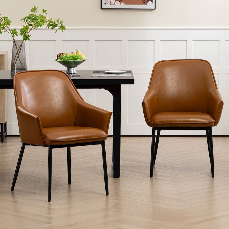 Glamour Home Set of 2 Light Brown Faux Leather Upholstered Dining Chair Black Iron Legs