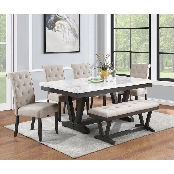 6 pc Dining set Faux Marble Wrap Table set with Beige Linen Chairs and one bench