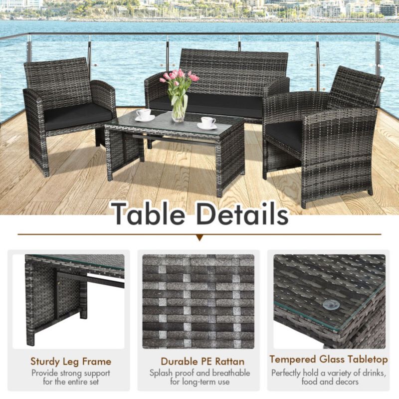 4 Pieces Patio Rattan Furniture Set with Glass Tabletop image number 2