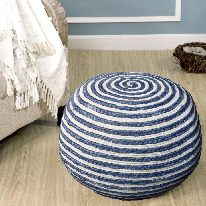 Hivvago 20 Inch Blue Cotton Blend Round Striped Pouf Ottoman