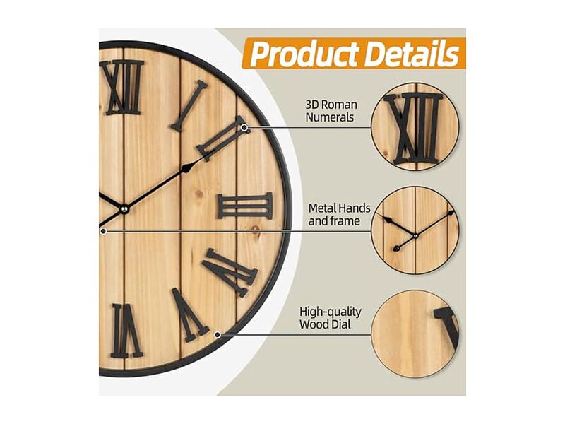 Metal Wood Style Farmhouse Wall Clock 30 Inch Silent Outdoor Battery Operated image number 1
