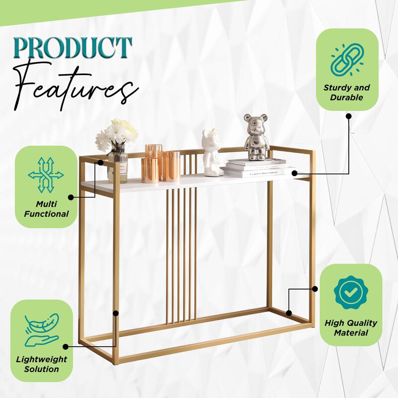 Kings Brand Furniture Modern Sofa Console Table with Faux Marble Storage Shelf & Gold Metal Frame for Hallway, Bedroom, Living Room, Foyer