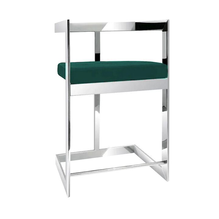 Dok 26 Inch Counter Height Stool, Green, Cantilever, Silver Stainless Steel - Benzara