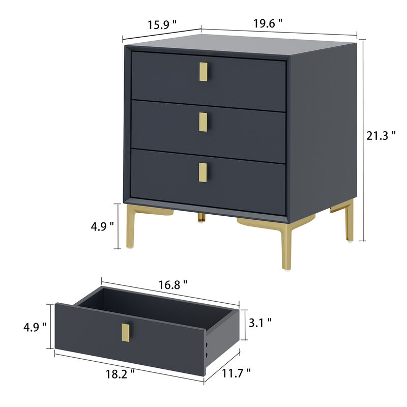 Black 3-Drawers 19.6 in. Width x 21.3 in. Height Wooden Nightstand, Bed Side Table with Golden Legs for Bedside Storage image number 9