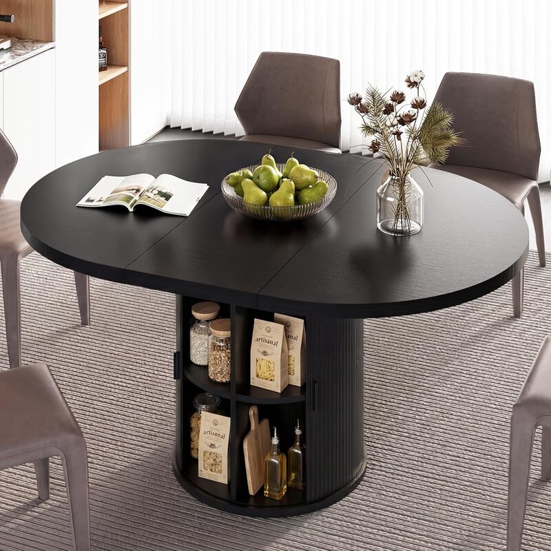 Vipbear 43" to 59" Extendable Round Dining Table, Solid Wood Top with Storage Cabinet, Kitchen image number 6