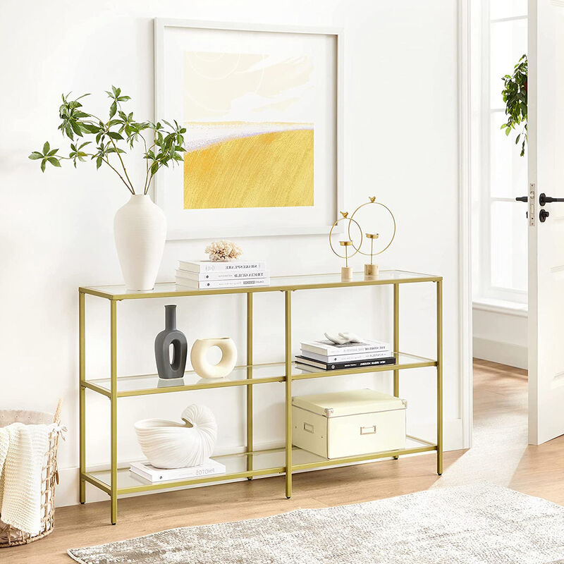 Contemporary Console Table with 3 Shelves - Metal Frame, Tempered Glass, Ideal for Bedroom