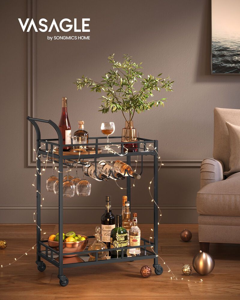 2-Tier Mirrored Bar Cart – Elegant Home Serving Trolley with Glass Shelves and Wheels for Dining or Living Room