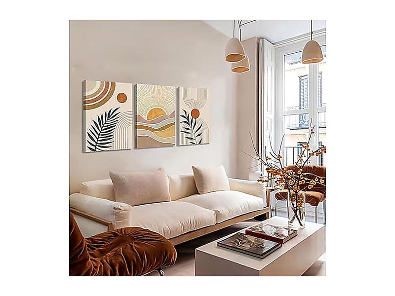 3 Pack Framed Boho Abstract Wall Art Orange Rainbow Sun Desert Minimalist Mid image number 3