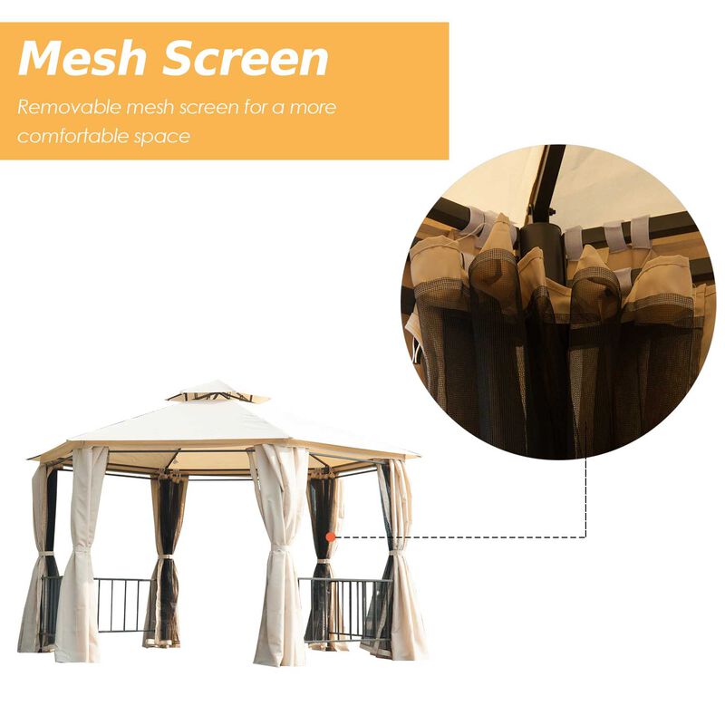 Beige Party Pavilion: 13'x13' Hexagon Canopy with Mesh & Curtains