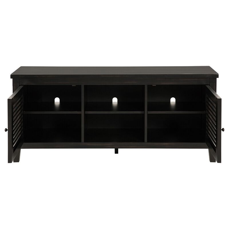 Coni TV Stand Media Cabinet, 2 Door and Shelves, Black Wood 60 Inch - Benzara