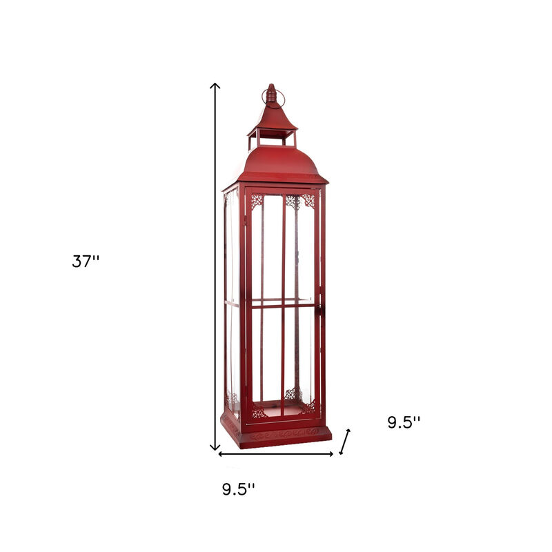 HomeRoots Set of Three Red Distressed Ornate Glass And Metal Floor Lantern Candle Holders image number 5