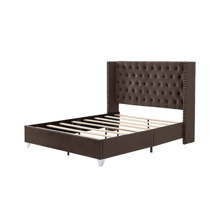 Queen bed with two nightstands, Button designed Headboard, strong wooden slats + metal legs with Electroplate