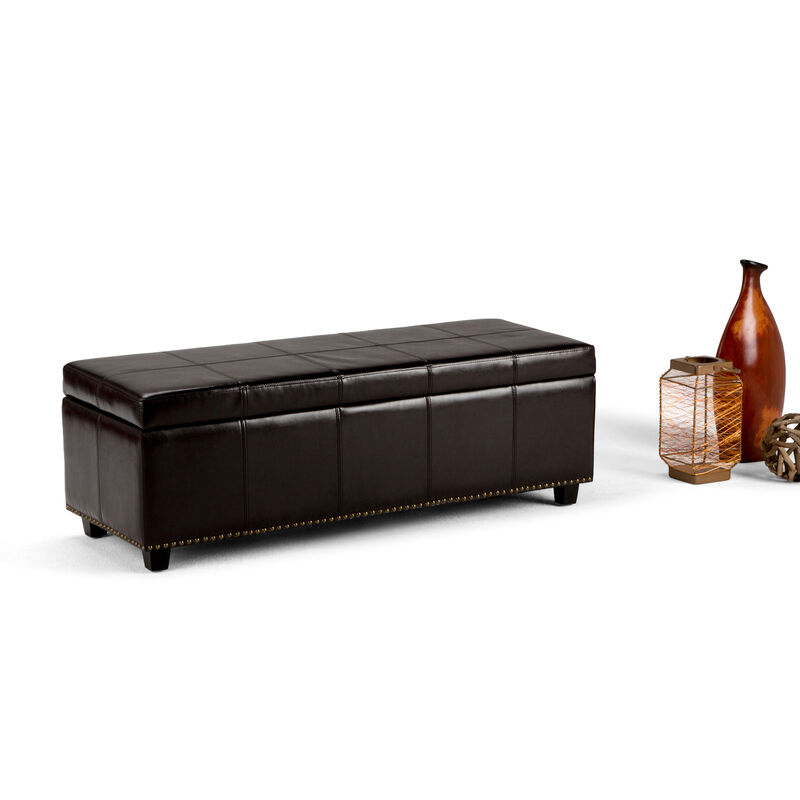 Kingsley 48 inch Wide Transitional Rectangle Large Storage Ottoman in Coffee Brown Faux Leather