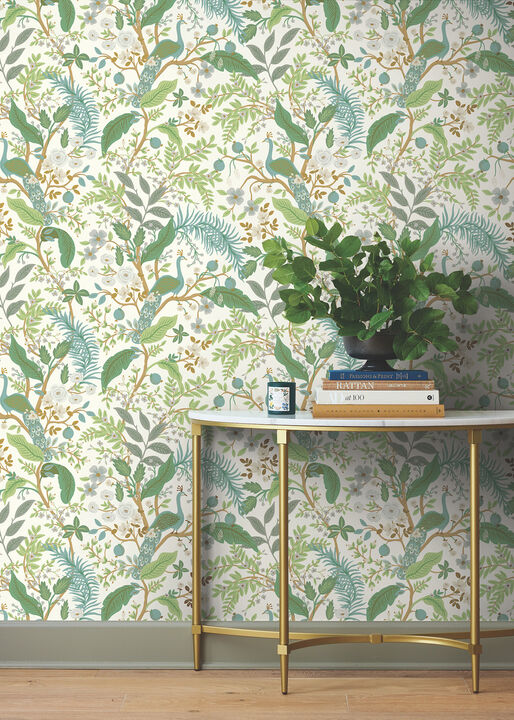 Peacock Garden White Peel & Stick Wallpaper