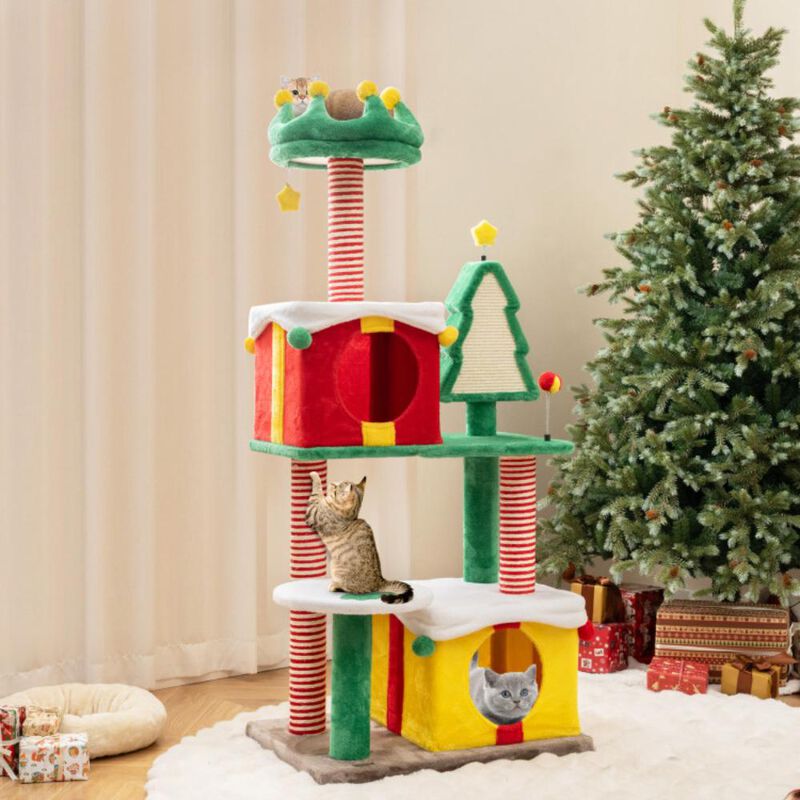 Hivvago Cute Christmas Cat Tree Cat Tower for Indoor Cats with Scratching Posts and Carpet