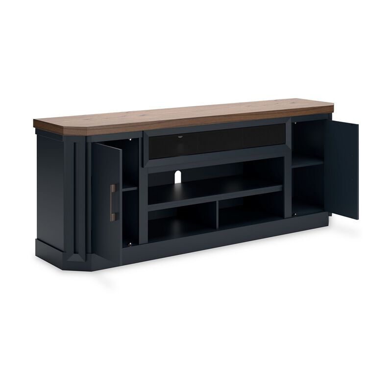 Docken TV Media Console, Open Fireplace Area, Blue Brown, 83 Inch - Benzara