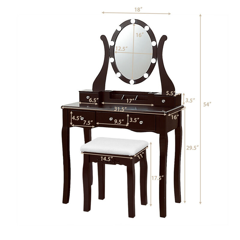 10 Dimmable Lights Vanity Table Set with Lighted Mirror and Cushioned Stool