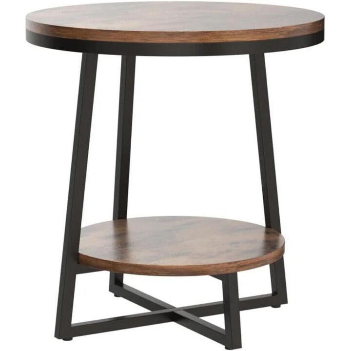 Round Accent Bedside Table, 2-Tier End Table with Storage Shelf-Rustic Brown