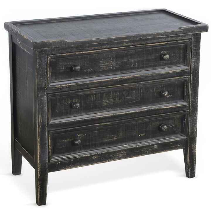 Rena Side End Table with 3 Drawers, 28 Inch Rustic Black Mahogany Wood