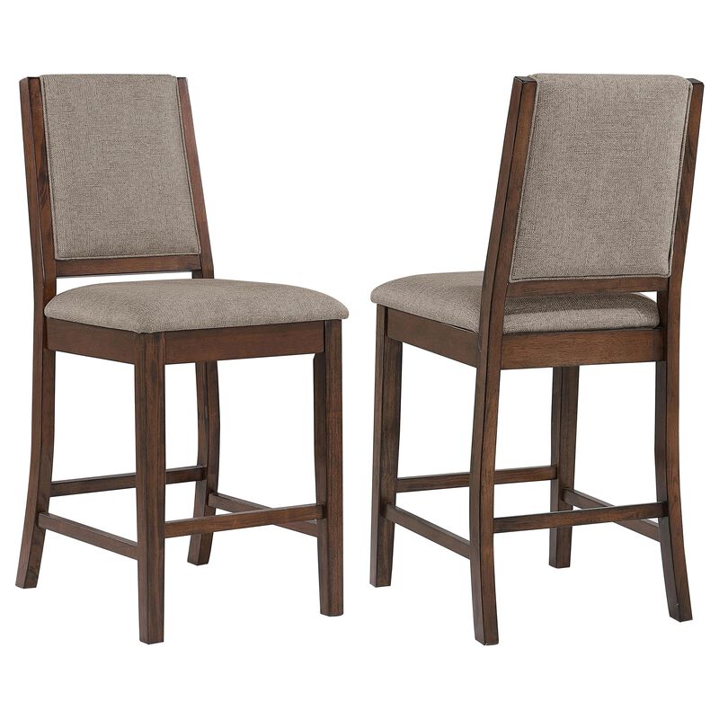 Patter Counter Height Chair Set of 2, Beige Fabric, Dark Brown 26 Inch - Benzara