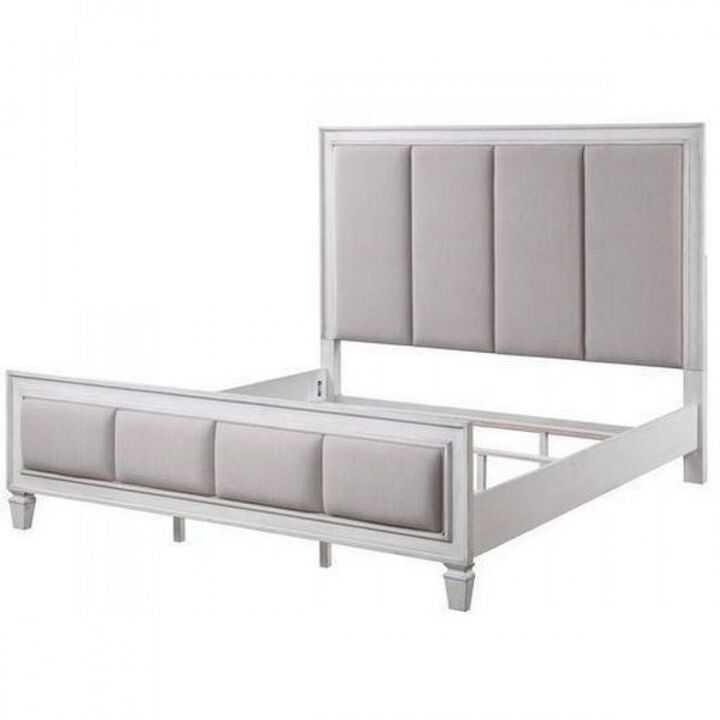 Queen Bed with Channel Tufted Fabric Padding, White and Gray