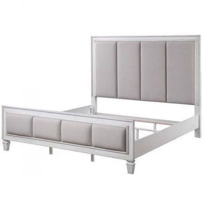 Queen Bed with Channel Tufted Fabric Padding, White and Gray