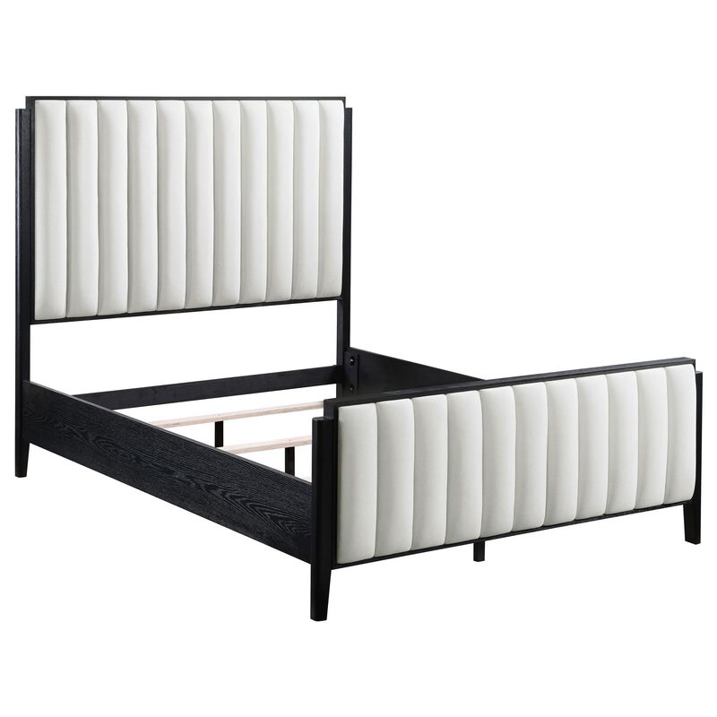 Jack Queen Size Bed, Channel Tufted Ivory Upholstery, Black Wood - Benzara