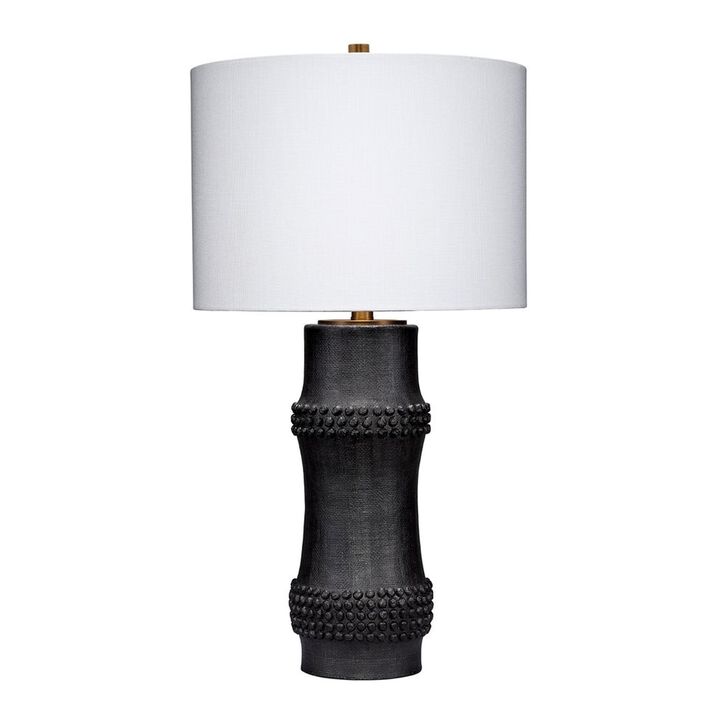 Lemy 28 Inch Table Lamp, White Linen Drum Shade, Dotted Black Base - Benzara