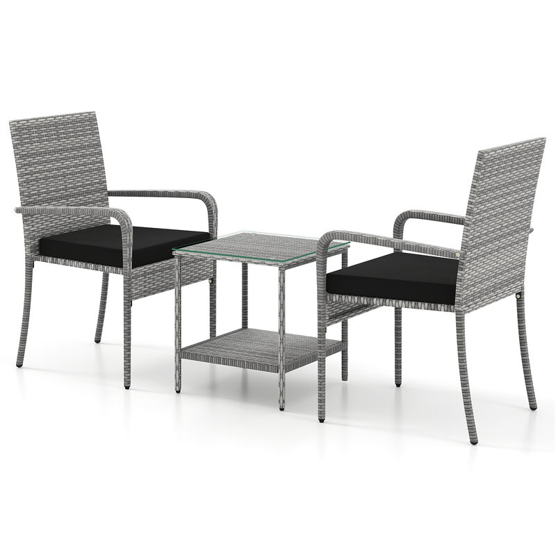 3 Piece Balcony Patio Furniture Set with Seat Cushions and Tempered Glass Tabletop image number 3