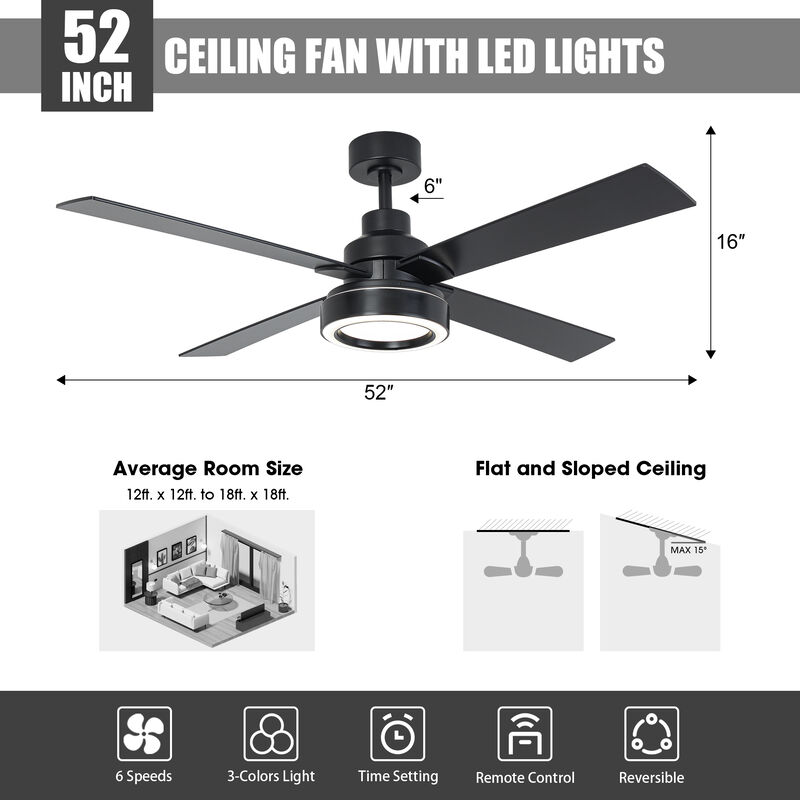 52" Modern Black Reversible 4-Blade Ceiling Fan with Light and Remote