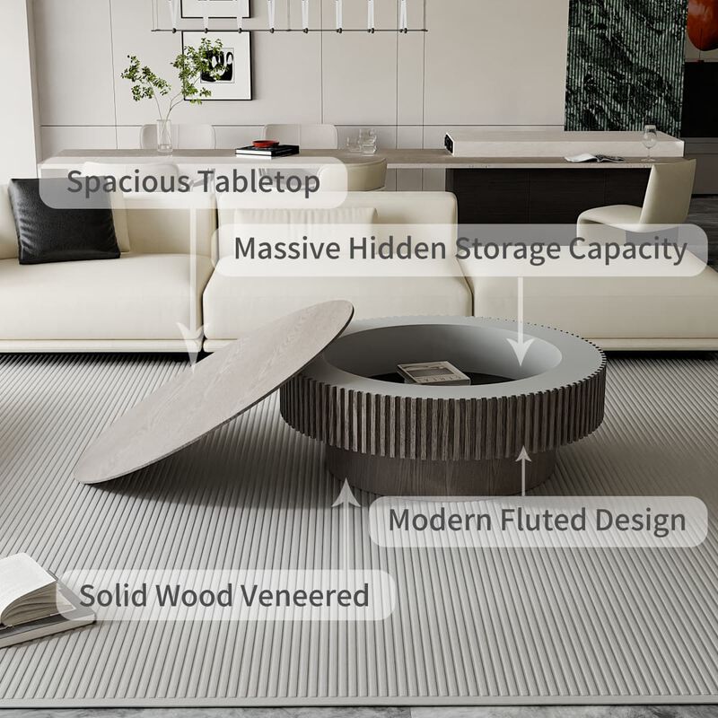 Round coffee table with storage Solid wood veneer and MDF coffee table with fluted base Modern accent coffee table for living room image number 5
