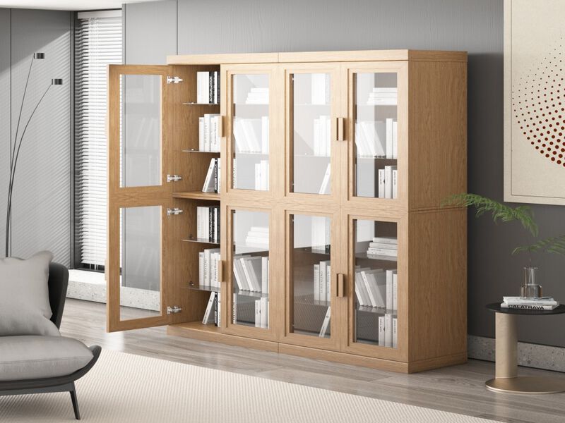 72" High Glass Door Wood Grain Decorative Storage Cabinet Display Cabinet, with Sufficient Space for 12 Shelves image number 2