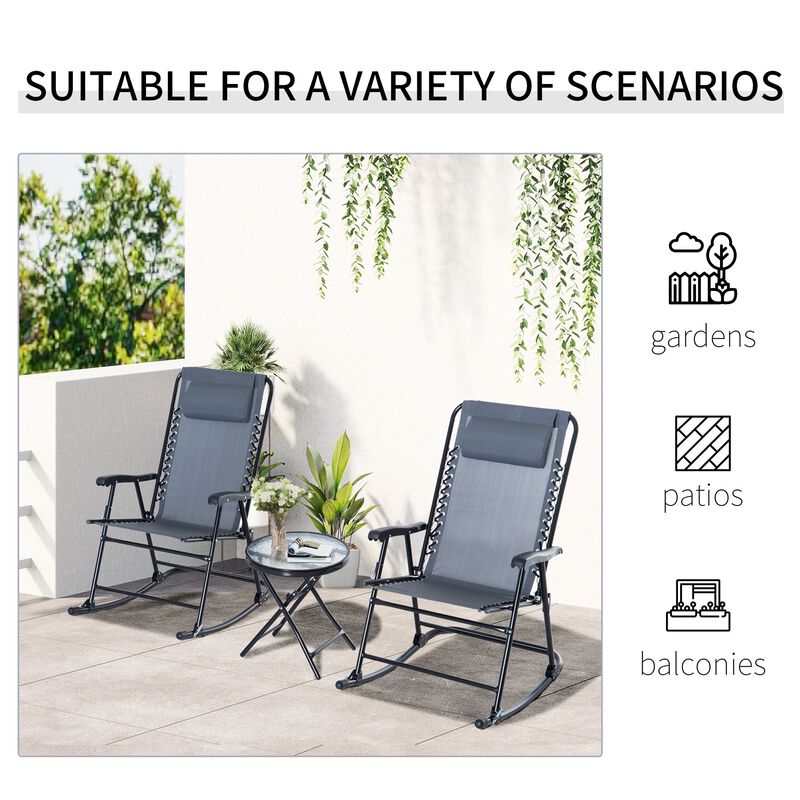 3 Piece Outdoor Rocking Bistro Set, Patio Folding Chair Table Set with Glass Coffee Table for Yard, Patio, Deck, Backyard, Grey