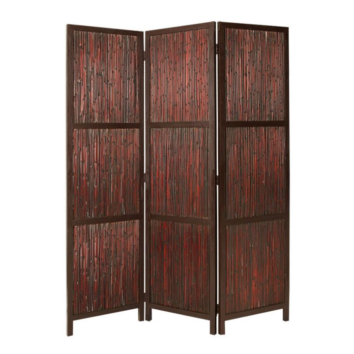 72 Inch 3 Panel Privacy Screen, Hardwood Frame, Bamboo Strips, Brown, Red - Benzara