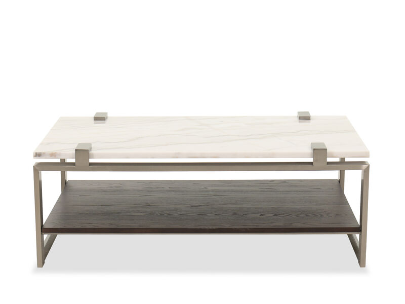 Marble top modern cocktail table with stainless steel frame andcontrasting wooden storage shelf. image number 1