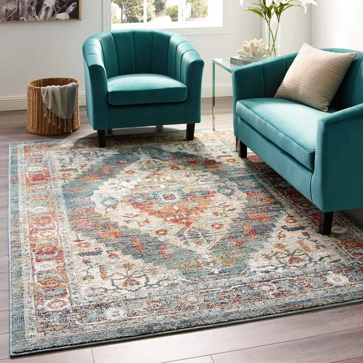Modway Tribute Camellia Distressed Vintage Floral Persian Medallion Area Rug, 5x8, Multicolored